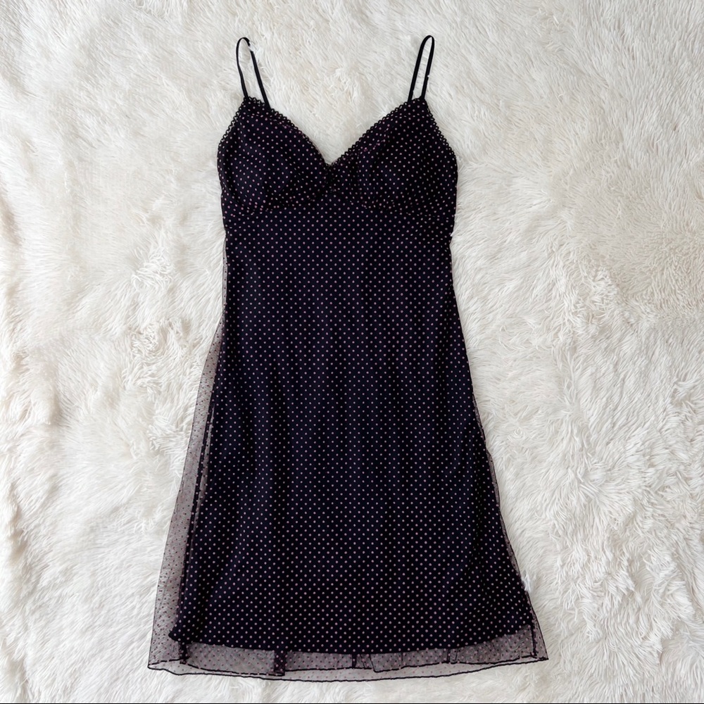 Charlotte Russe Y2K black tulle pink Swiss dot midi vintage slip dress Sz S - Picture 2 of 13